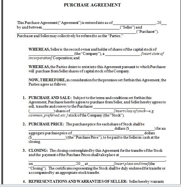 Free Purchase Agreement Templates - Free Word Templates
