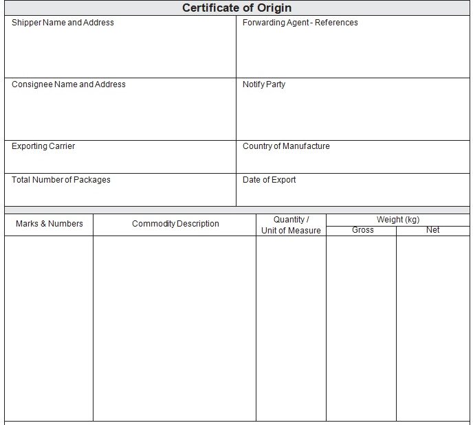 Certificate of Origin Template