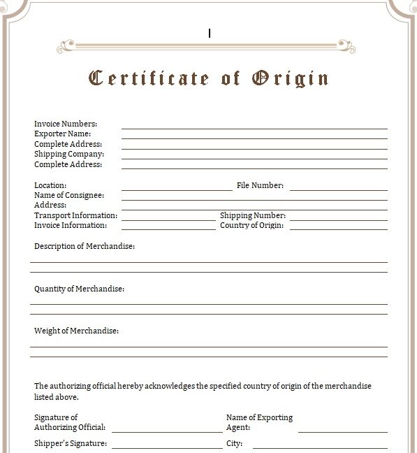 Certificate of Origin Template