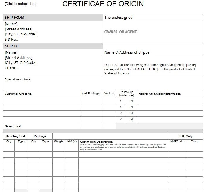 Certificate of Origin Template