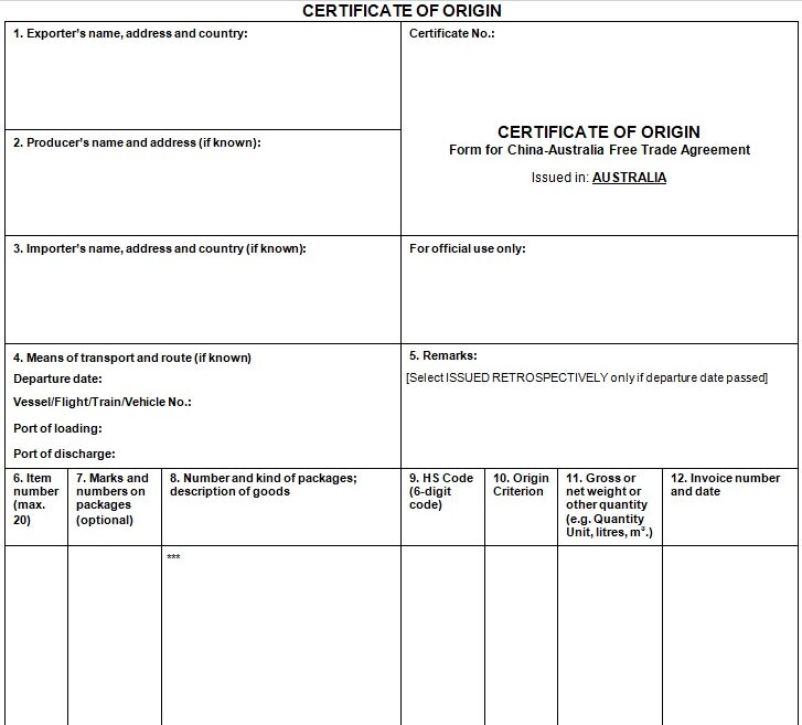 Certificate of Origin Template