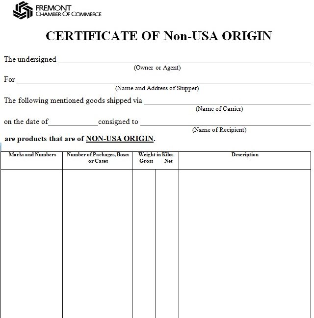 Certificate of Origin Template