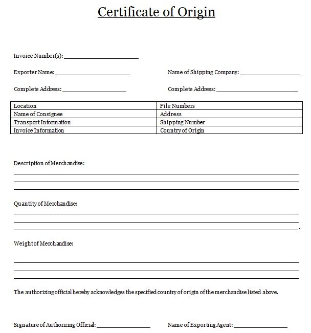 Certificate of Origin Template