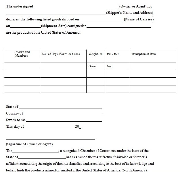 Certificate of Origin Template