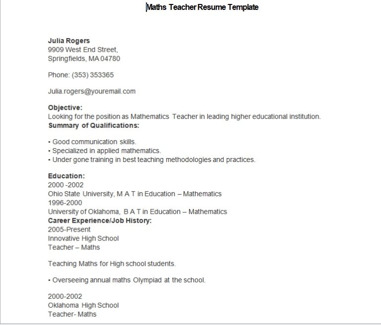 15 Free Teacher Resume Templates - Teacher Resume Template 13 768x654 