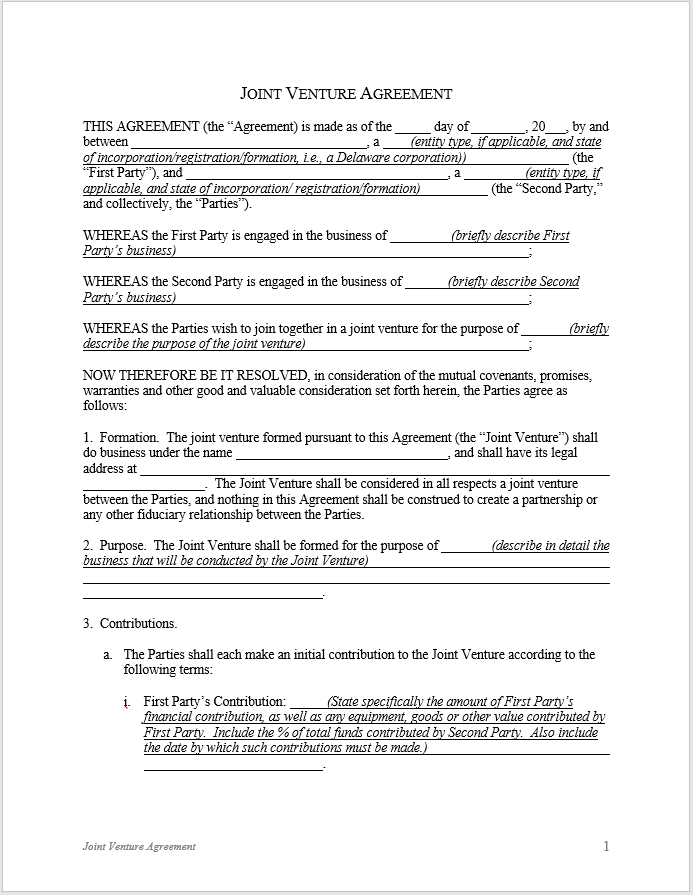 Free Joint Venture Agreement Templates - Free Word Templates