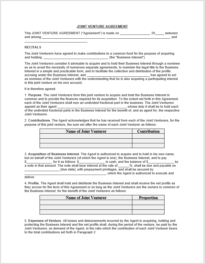 Free Joint Venture Agreement Templates - Free Word Templates