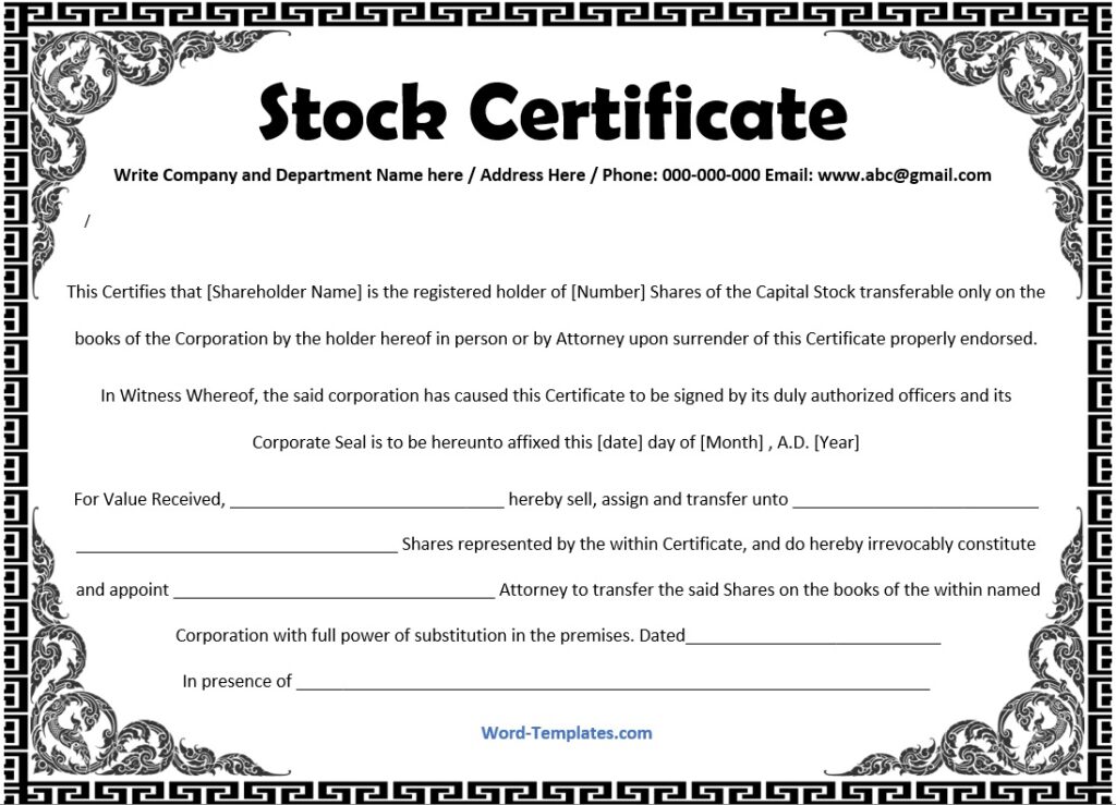 Free Stock Shares Certificate Templates Free Word Templates