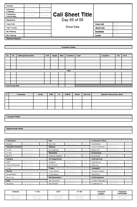 call sheet template 01