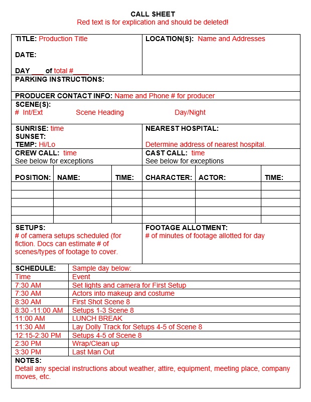 call sheet template 03