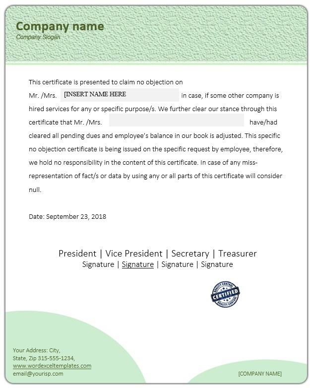 no objection certificate with letterhead