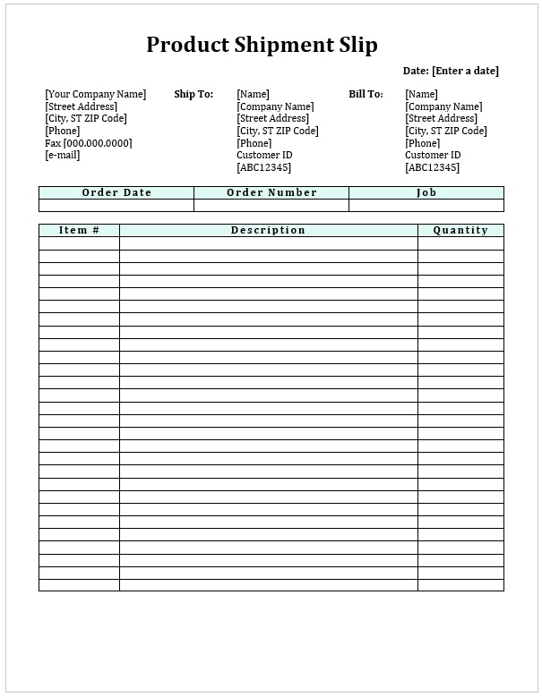 Product Shipment Slip