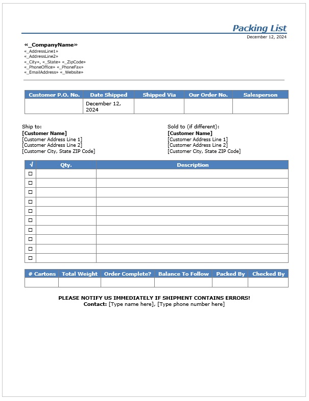 Packing Slip Template