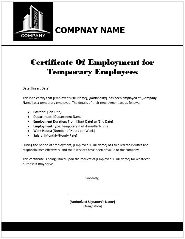 Certificate Of Employment for Temporary Employees