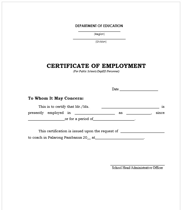 Certificate of Employment Form
