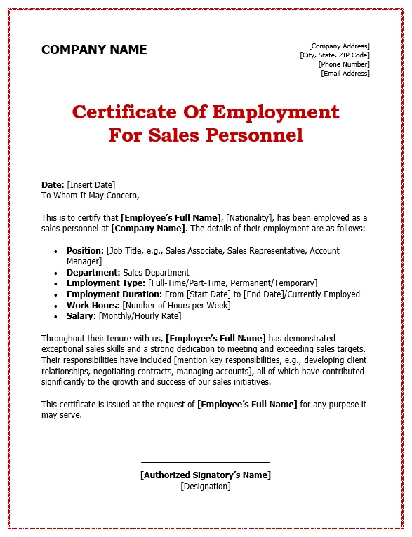 Certificate of Employment for Sales Personnel