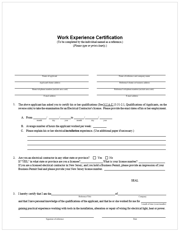 Employment Work Experience Certificate Template