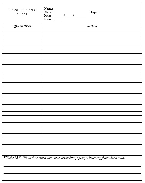Free download Cornell notes MS Word