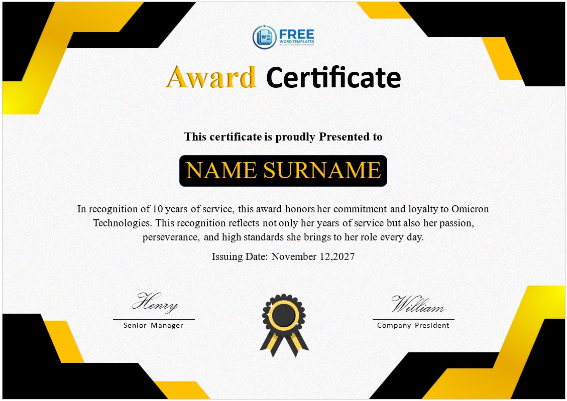 Achievement Award Certificate Template
