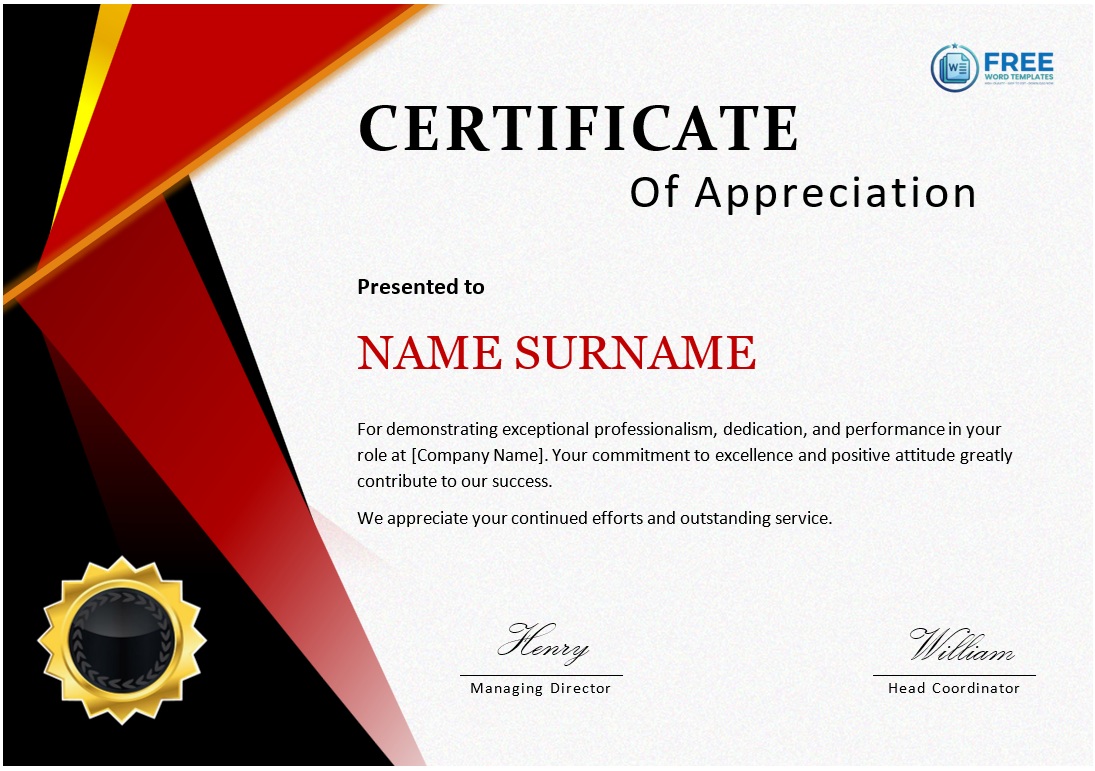 Appreciation Award Certificate Template