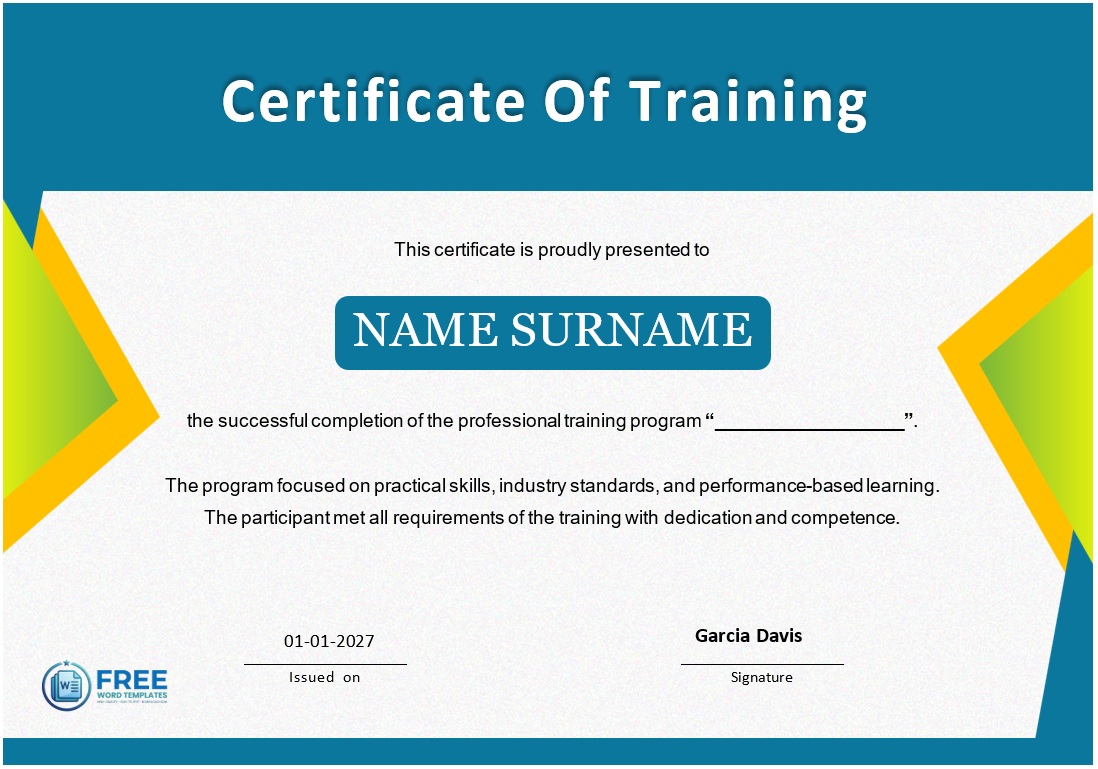 Editable training certificate Word