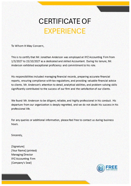 Employee experience certificate template
