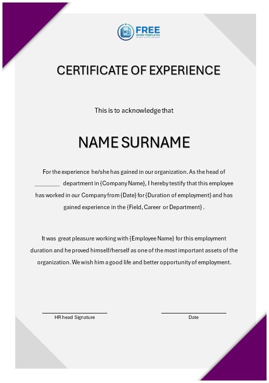 Employment experience certificate