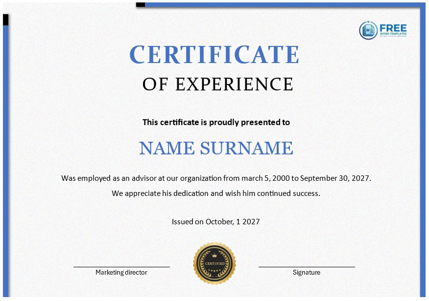 Job experience certificate sample