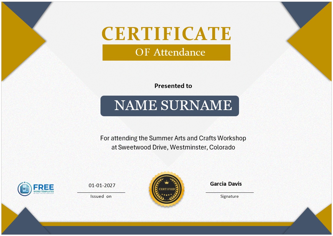 Printable attendance certificate design