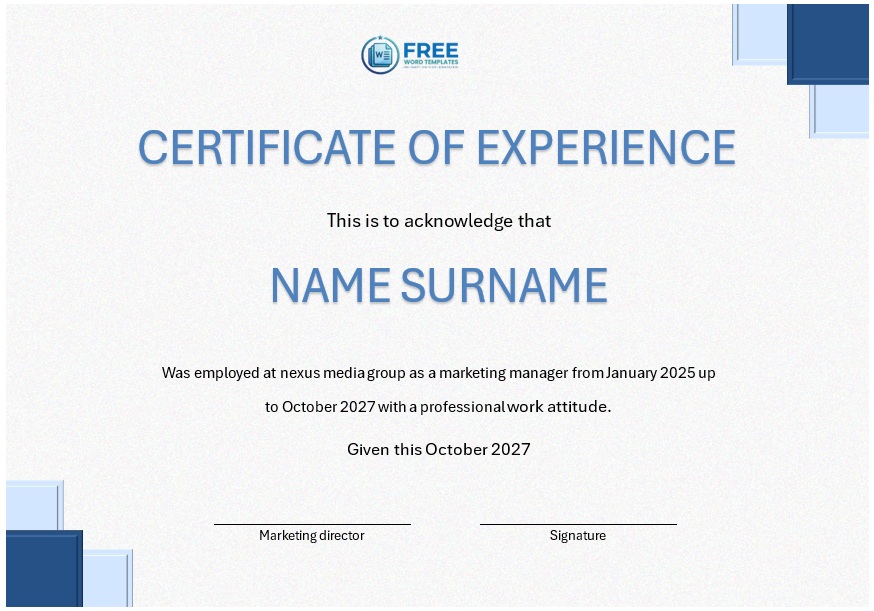 Printable experience certificate template