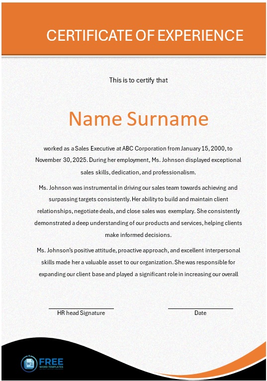 Professional experience letter template